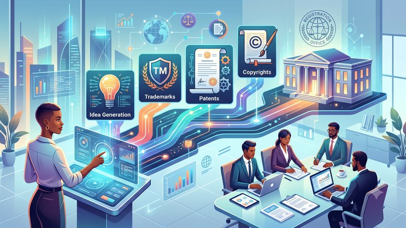 Современная иллюстрация процесса регистрации интеллектуальной собственности для блога юридической компании ДВ Приоритет